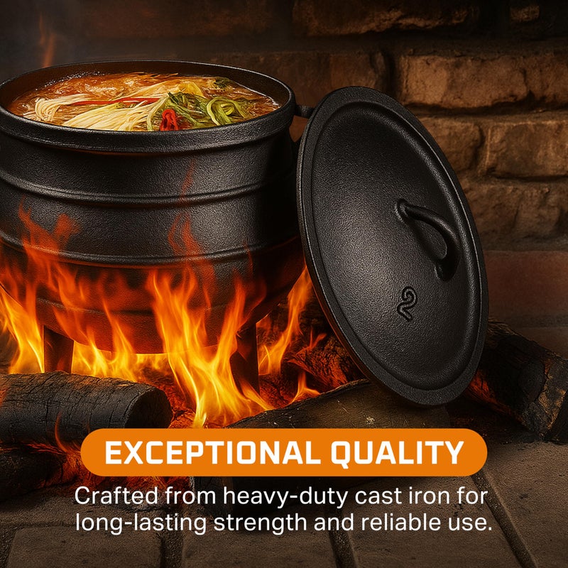 Bruntmor 8-Quart Pre-Seasoned Cast Iron Cauldron - African Potjie Pot with Lid - 3-Legged Pot for Even Heat Distribution - Outdoor Cast Iron Dutch Oven Cookware for Campfire Cooking and Boiling - Image 2